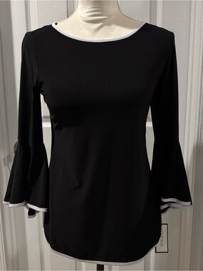 Black Bell-Sleeve Long-Sleeve Top with White Trim